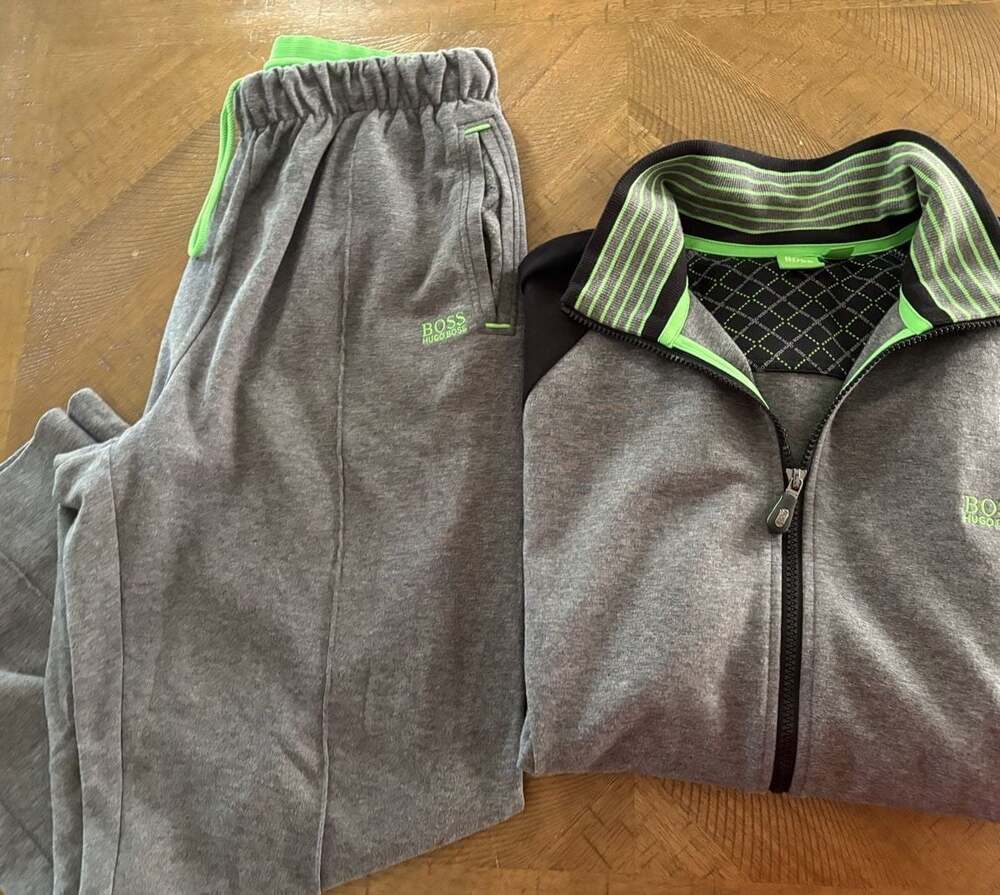 Hugo Boss Men's Gray and Black Tracksuit with Neon Green Details